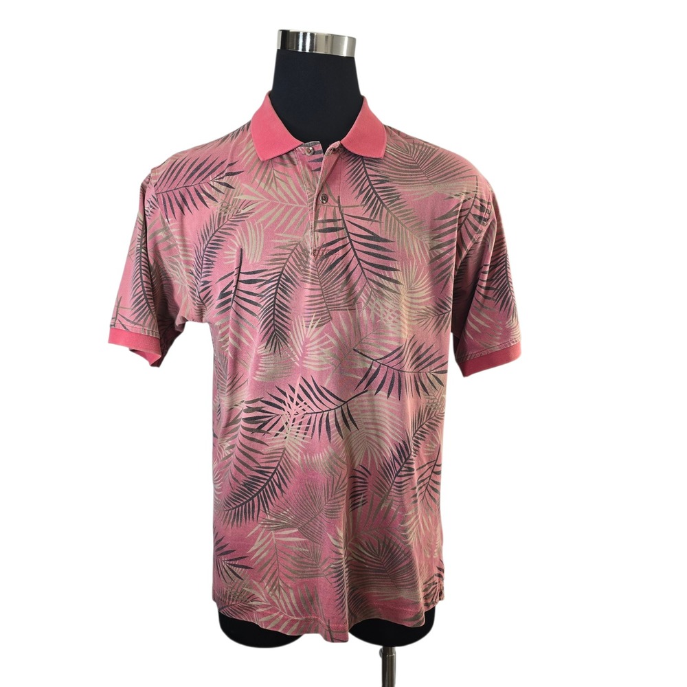 IZOD Silk Wash Mens L Polo Shirt Pink Tropical‎ Palm Leaf Short Sleeve